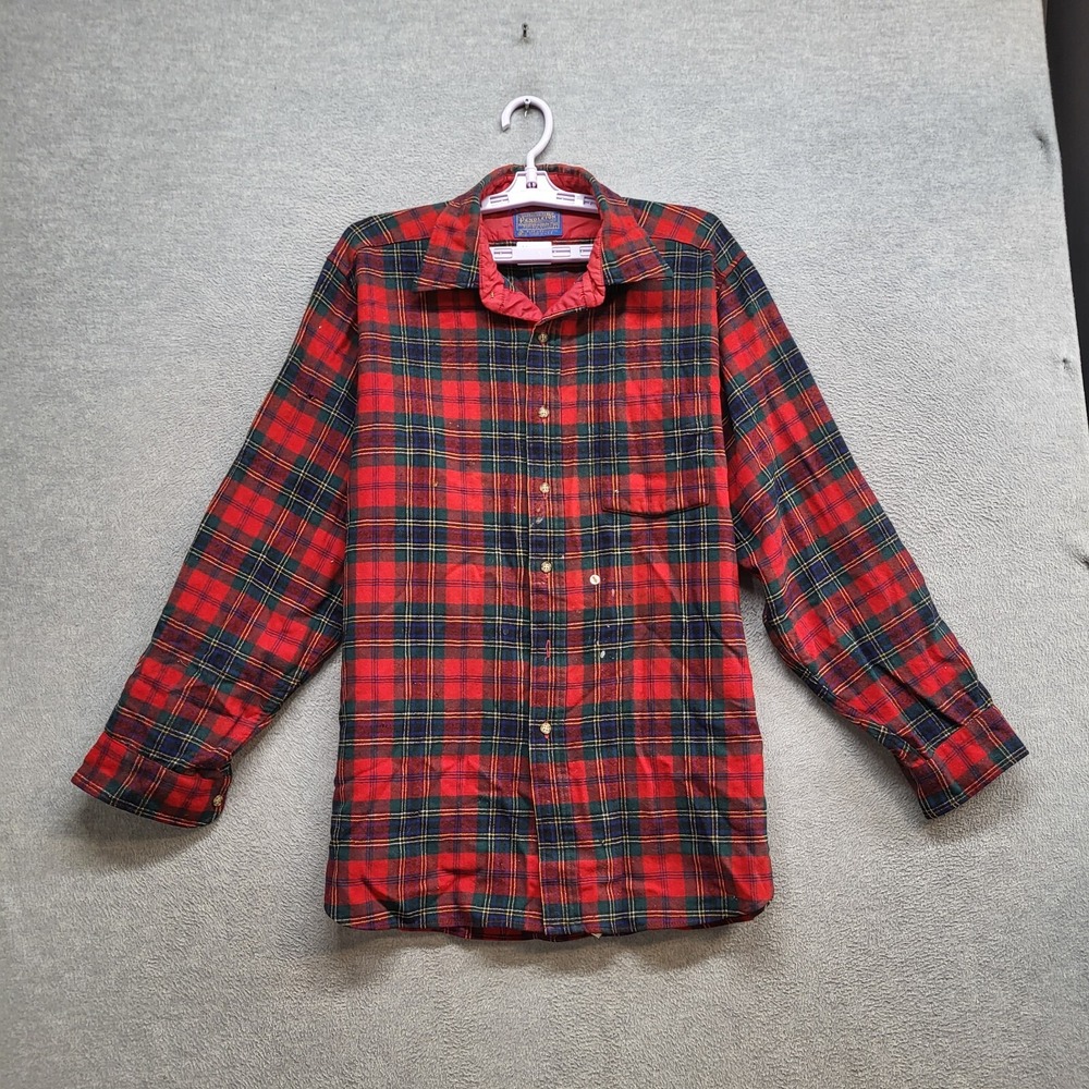 VINTAGE Pendleton Men Button Up Shirt L Red Plaid 100% Virgin Wool 80s USA READ